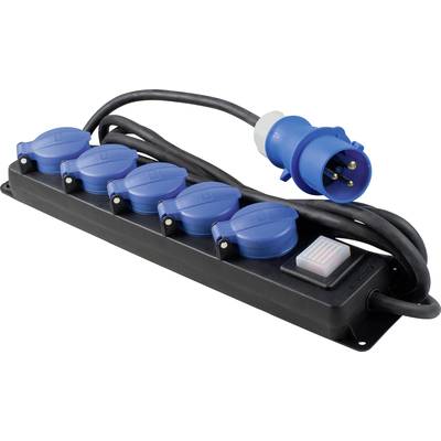 A black extension lead with five blue sockets and a blue plug, suitable for high-power electrical applications.