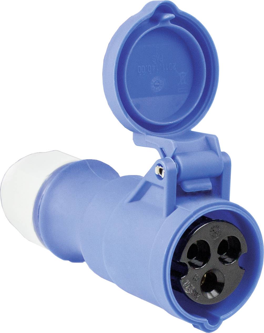 Blue CEE three-pin plug with round pin openings and protective cap, used for industrial power connections.
