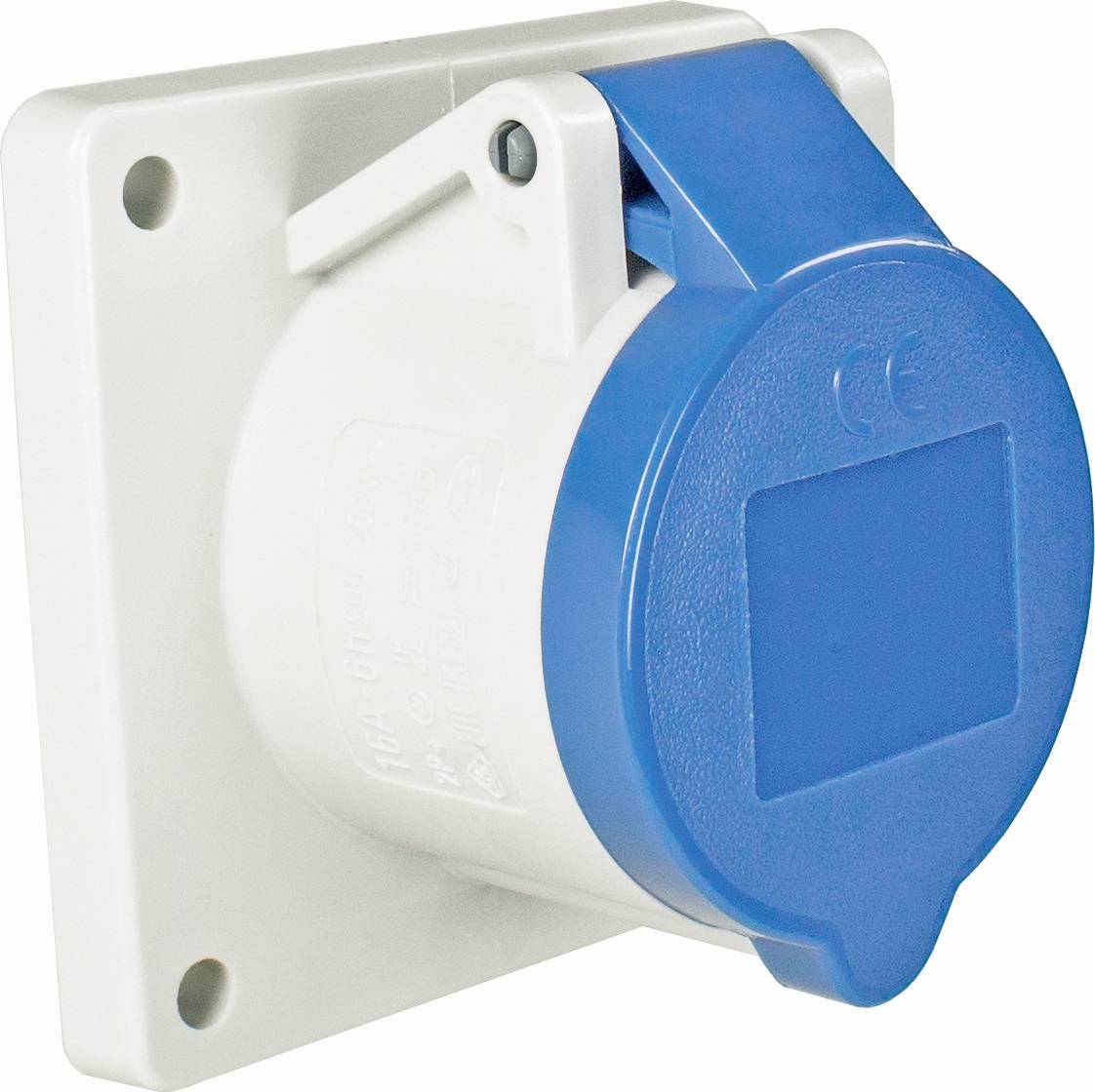 Industrial socket with blue casing, mounted on white wall. It has a hinged lid to protect against dust and moisture.