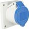 Industrial socket with blue casing, mounted on white wall. It has a hinged lid to protect against dust and moisture.