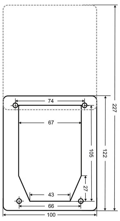 Technical line drawing of a rounded-rectangle part with measurements: outer width 100 and height 122, inner cutout 67 wide and 105 high, with additional labeled dimensions 74, 66, 43, 27, and overall height 227.