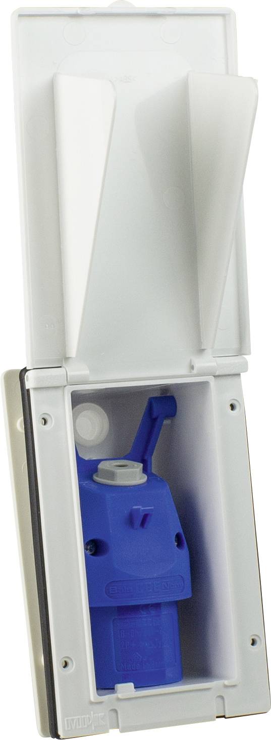 Outdoor socket with a blue protective cap and a white protective housing that can be opened. Suitable for outdoor use, splash-water protected.