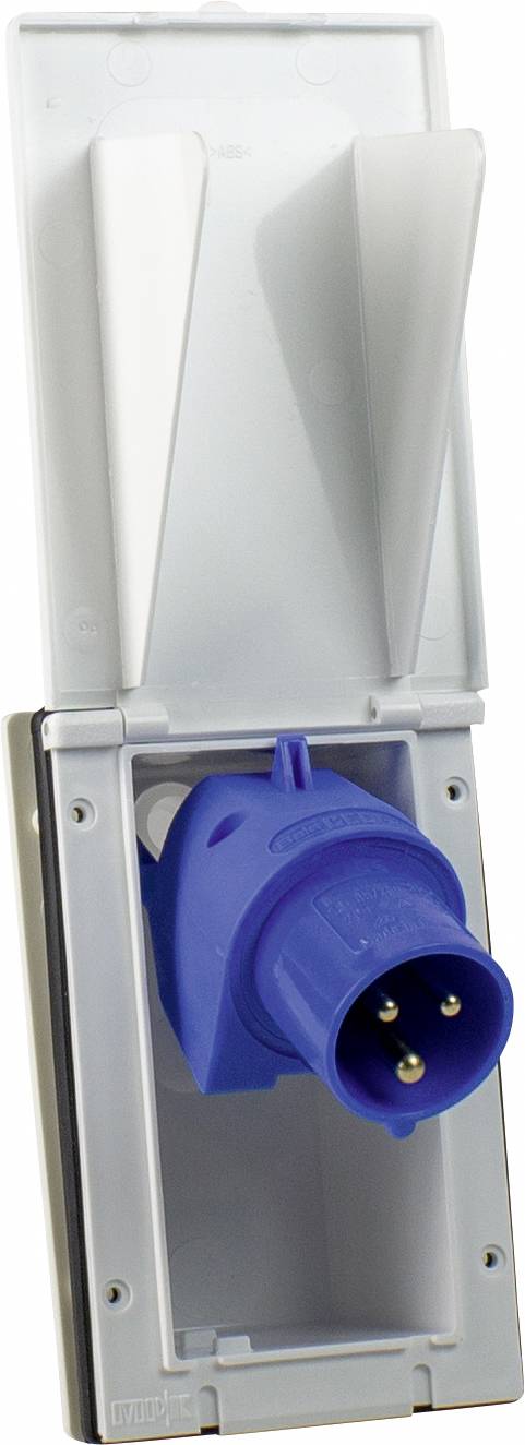 Blue electric plug in a white socket with a protective cover, partially open.