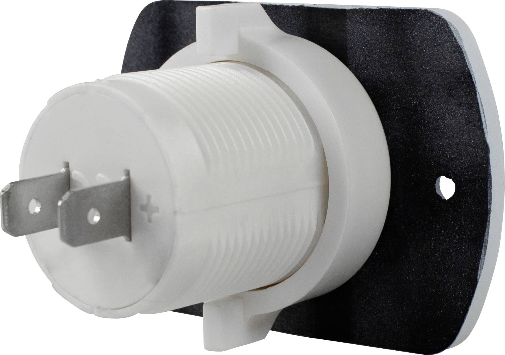 White electrical plug with two metal pins on a black base.
