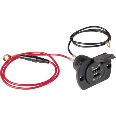 USB double socket with cover, connected red and black cables. Suitable for 5V devices, with a current rating of 1A and 2.1A.