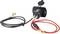 A black and a red cable with ring terminals are attached to an electrical component with a fuse holder and cover.