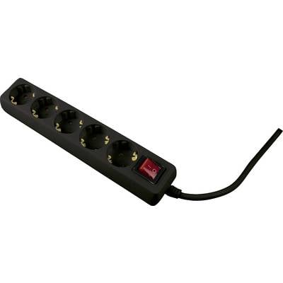 Black power strip with five socket outlets and a red on-off switch. Cable leads to the right.