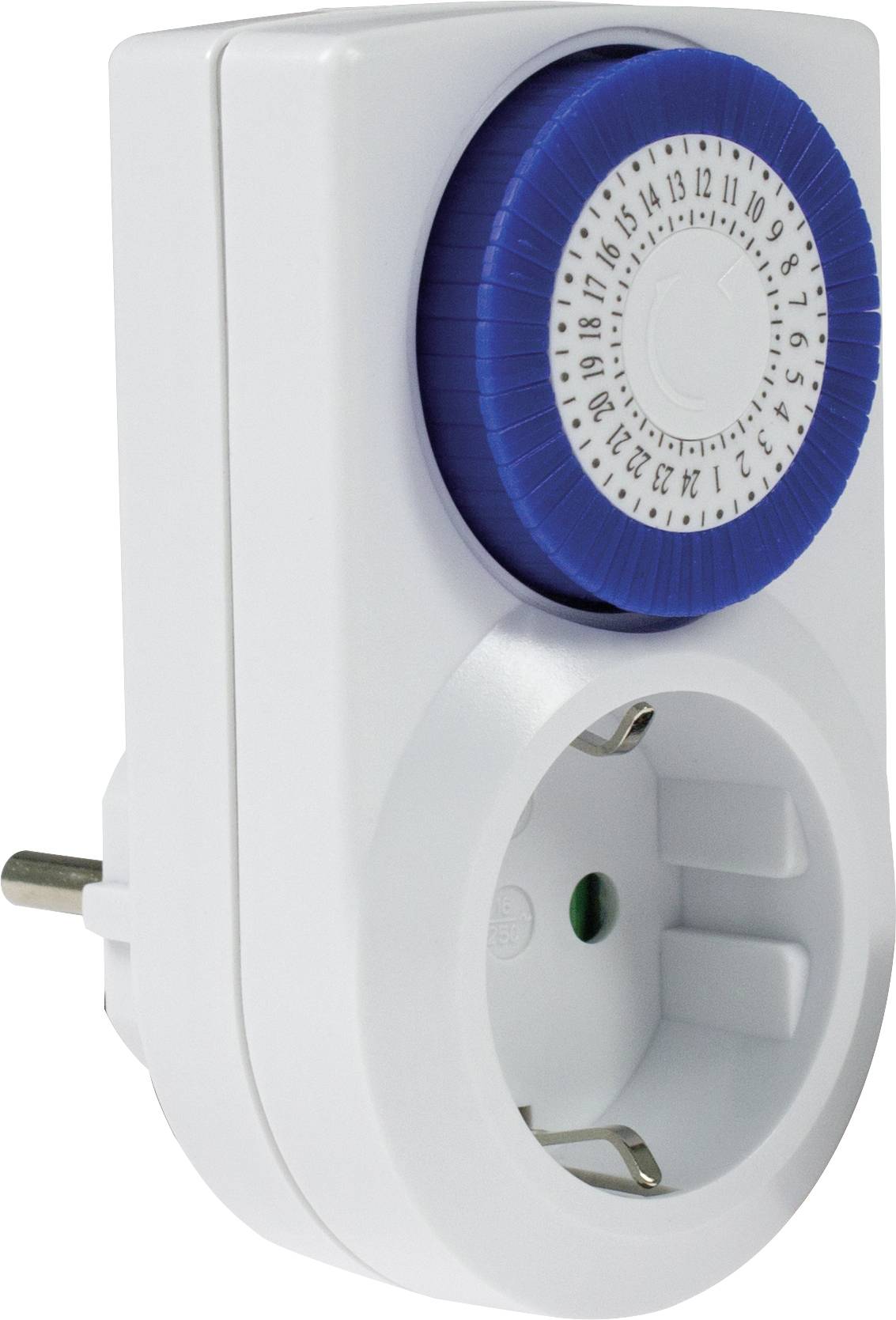 Mechanical timer switch with a blue rotary dial and socket, used for automatic control of electrical devices.