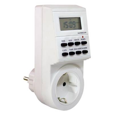 A digital timer plug socket shows the time as 15:09. It has buttons for setting time and modes.