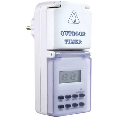 A white outdoor timer with a digital display and buttons for setting. Connection socket at the top.