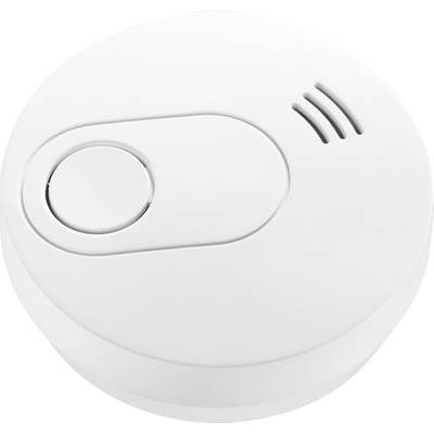A white smoke detector with a large test button and ventilation slots on the side.