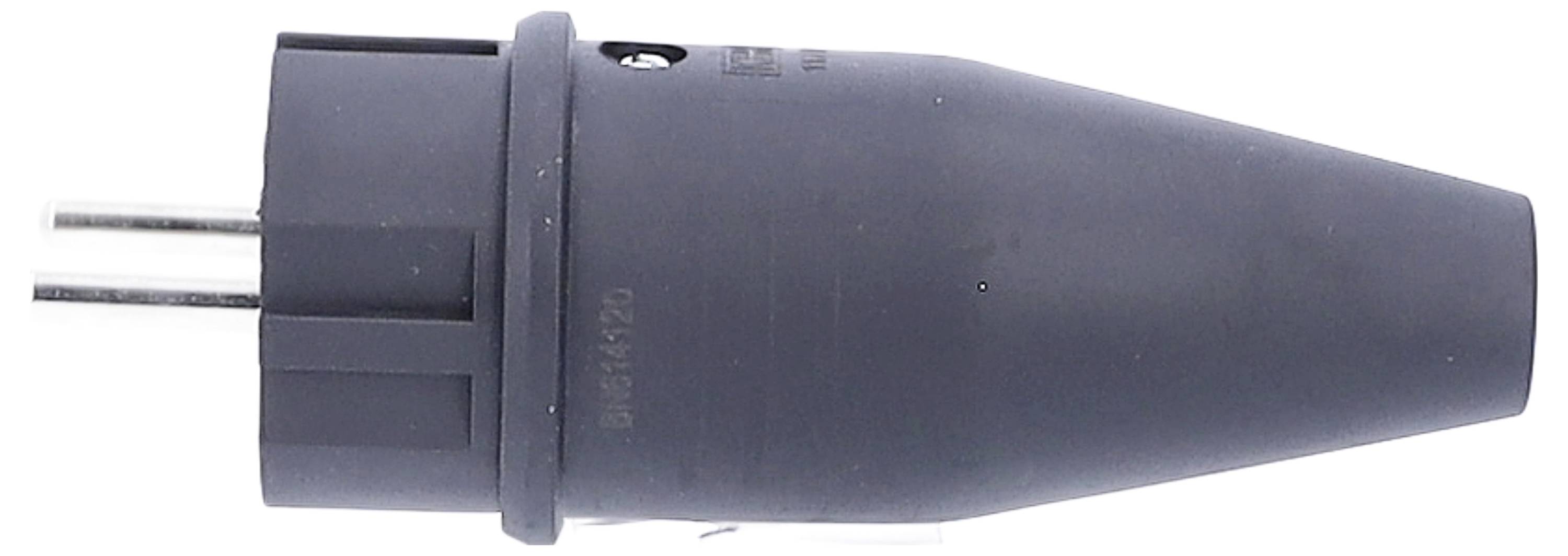 Black electrical plug with two round metal pins, side view. Suitable for European outlets.