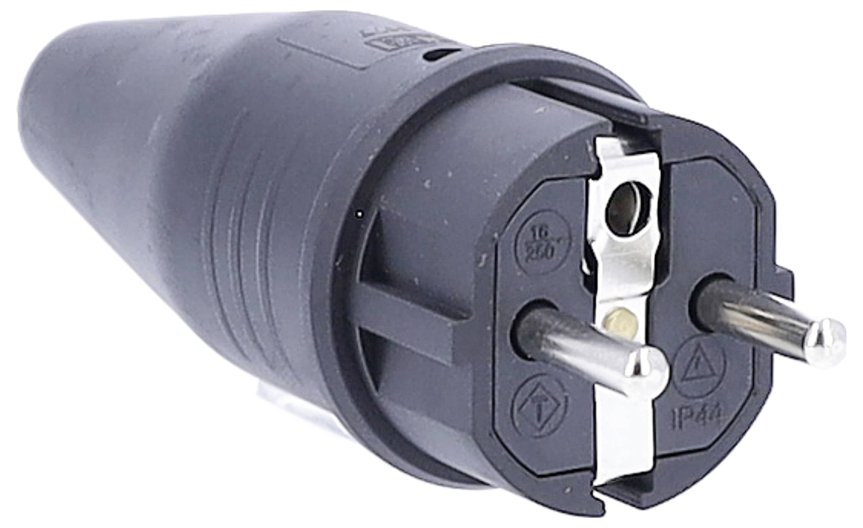 Black Euro plug with two metal pins and protective conductors. Suitable for 16A/250V, shows IP44 protection class.