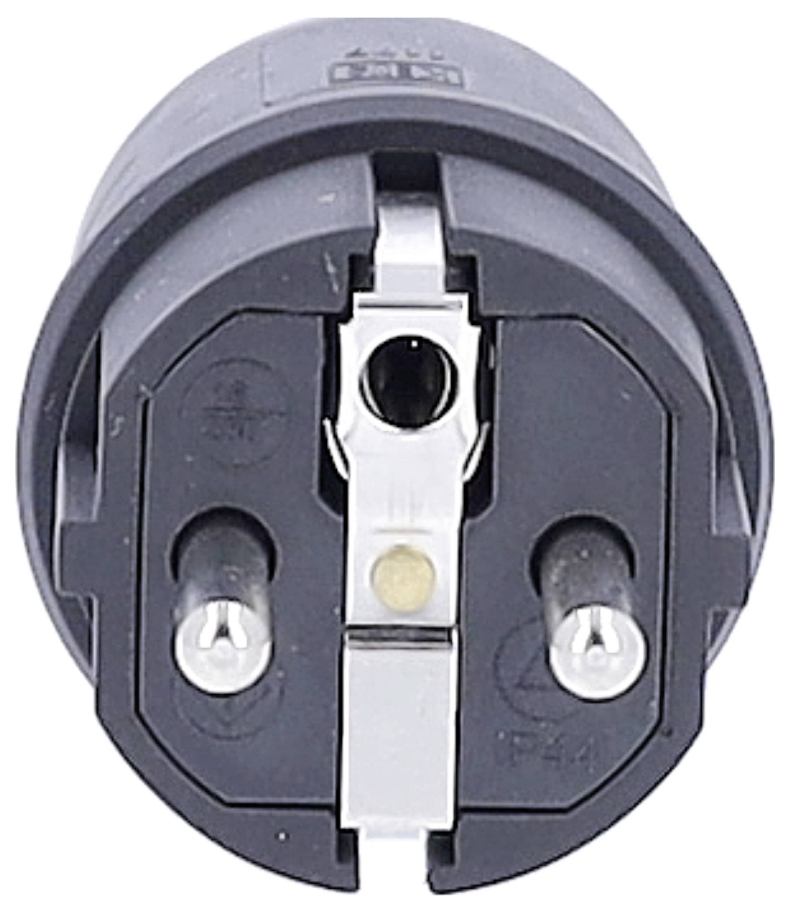 Close-up of a black Schuko plug from the front. Visible are the two metal contacts and the grounding contact in the center.