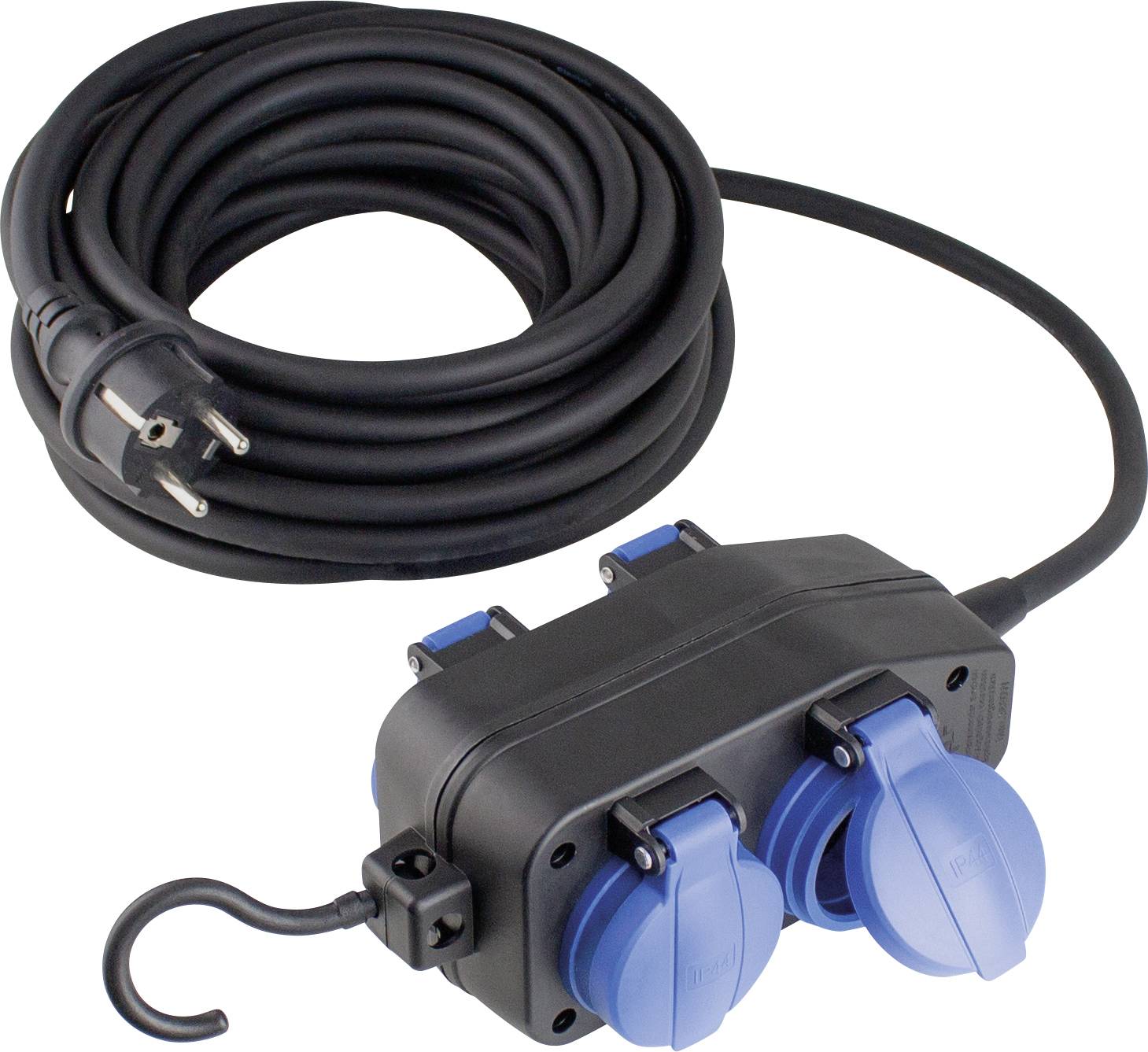 Black extension lead with European plug and multiple blue sockets, coiled, with hook for hanging.