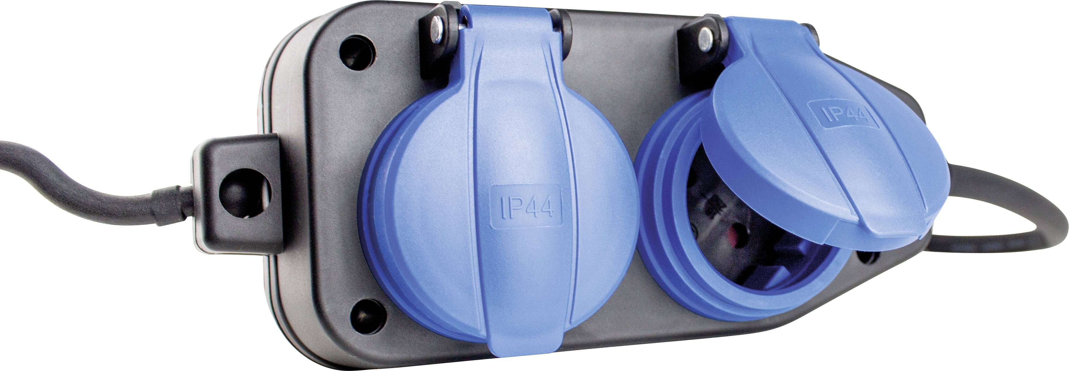 A double socket with blue protective covers, suitable for outdoor use. Both sockets are marked with IP44 rating.