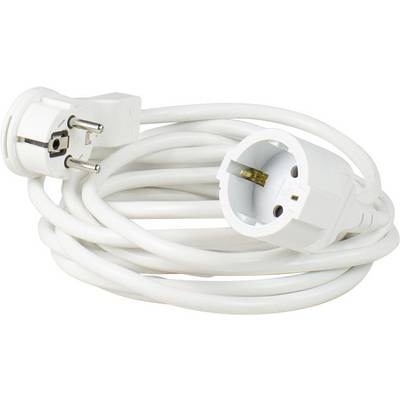 White extension lead with plug and socket, coiled up.