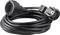 Black extension lead coiled up, with plug and socket visible, suitable for electrical appliances.