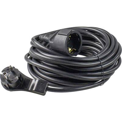 A black extension lead with European plug and socket, coiled and ready for use.
