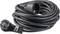 A black extension lead with European plug and socket, coiled and ready for use.