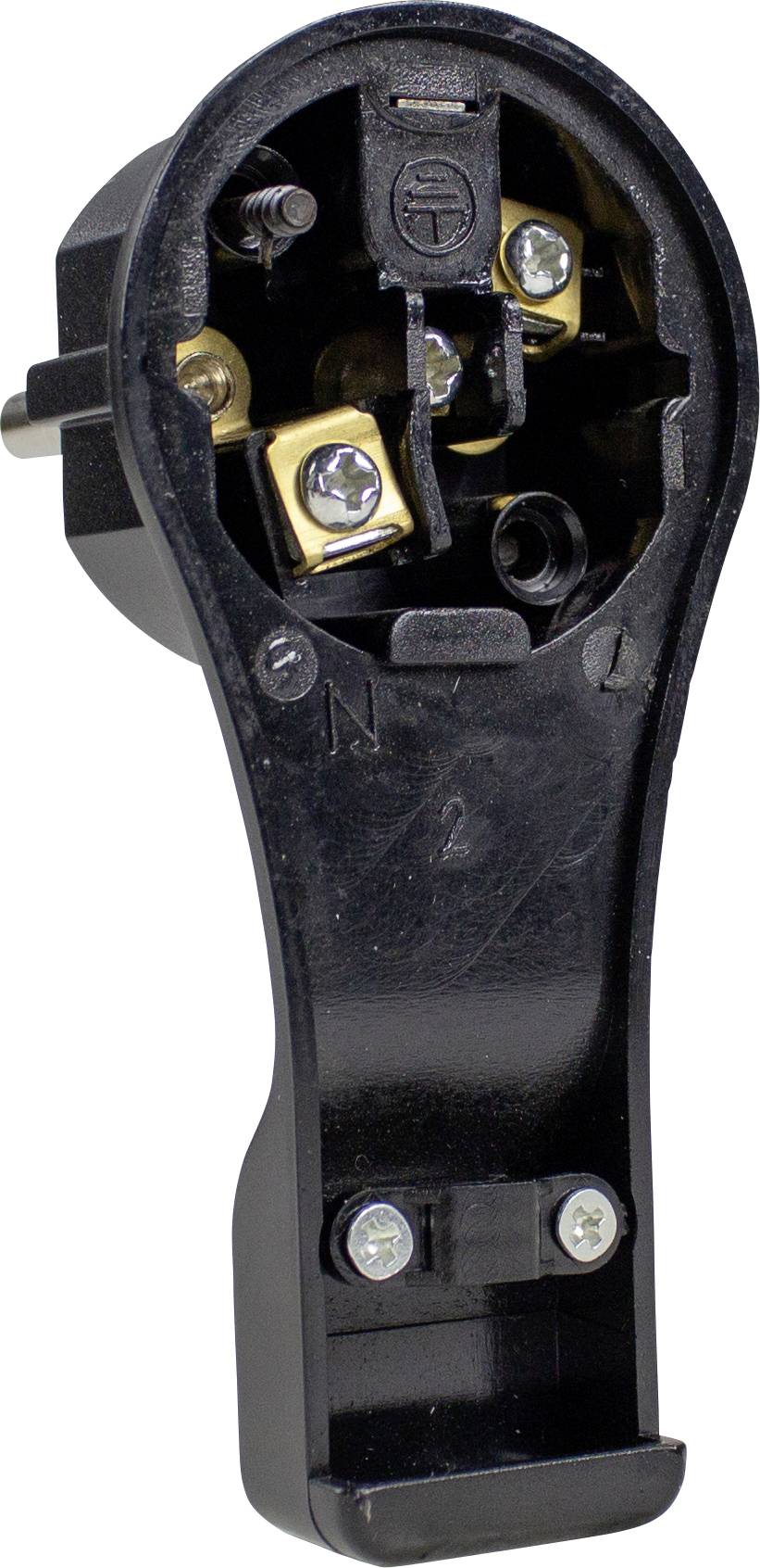 Open view of a black electrical plug, showing internal wiring and screws. Suitable for repair or technical context.