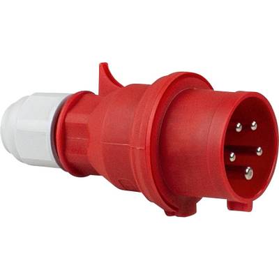 A red CEE plug with three pins and a white cable connection, used for industrial high-current connections.
