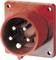 Red high-current socket with four plug holes, designed for wall mounting, serves power supply in industrial applications.