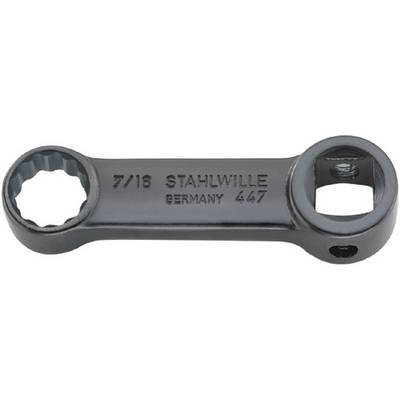 A metal ring spanner with the inscription '7/16 Stahlwille Germany 447', showing an open and a closed side.