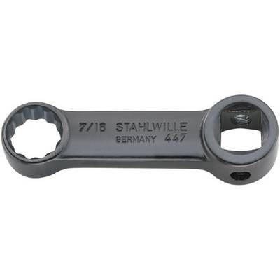 A double ring spanner made of metal with the inscription '7/16 STAHLWILLE GERMANY 447', used for tightening or loosening bolts.