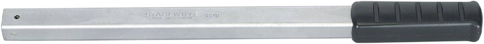 A silver metal rod with a black, ribbed handle, most likely a tool grip.