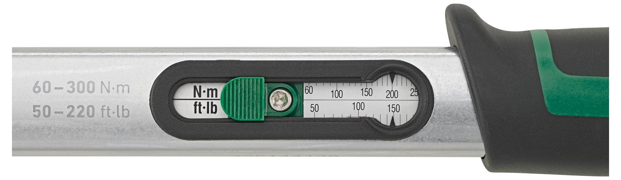 'Torque wrench with scale showing measurements in Newton meters (N·m) and foot-pounds (ft·lb). Reads between 60-300 N·m and 50-220 ft·lb.'