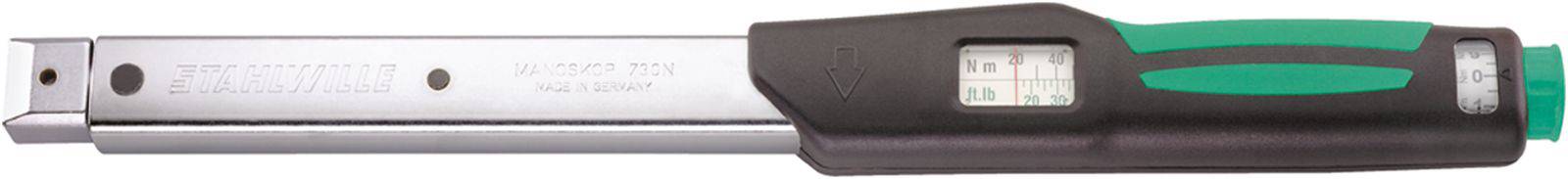 Torque wrench with green handle and scale for indicating torque. Primarily used for precise tightening of bolts.