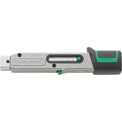 Torque wrench by STAHLWILLE with scale for precise torque measurement, grey housing with green accents and handle.