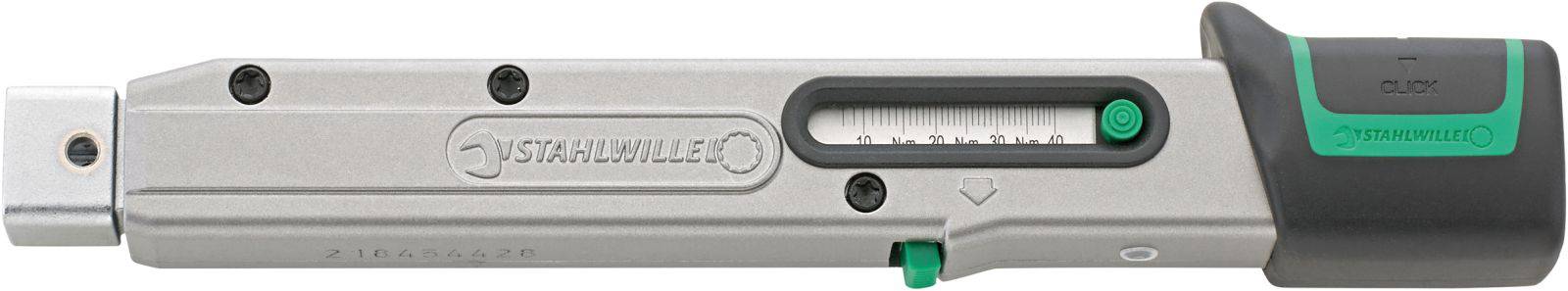 A torque wrench with scale and green handle. The tool has a silver metal surface and is suitable for precise torque measurement.