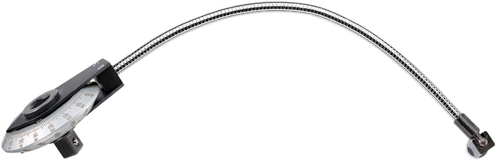 Torque angle gauge with flexible shaft, metal components and scale. Used for precise torque measurement.