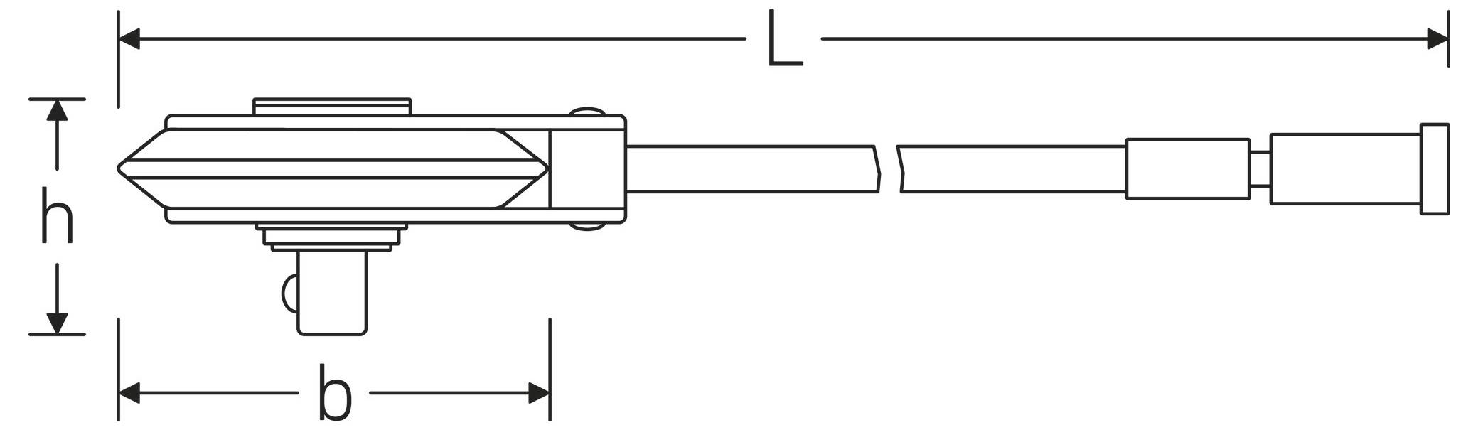 A technical drawing of a linear actuator, labeled with dimensions: length 'L', height 'h', and base 'b', showing mechanical parts.