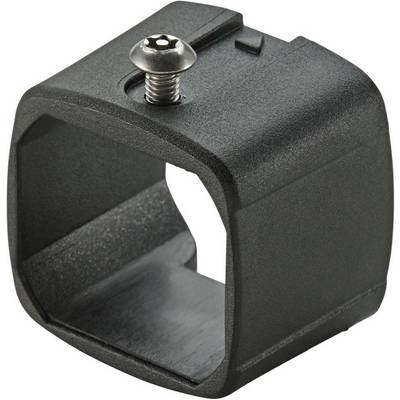 A square black plastic component with a mounted screw. It appears to be part of a larger device.