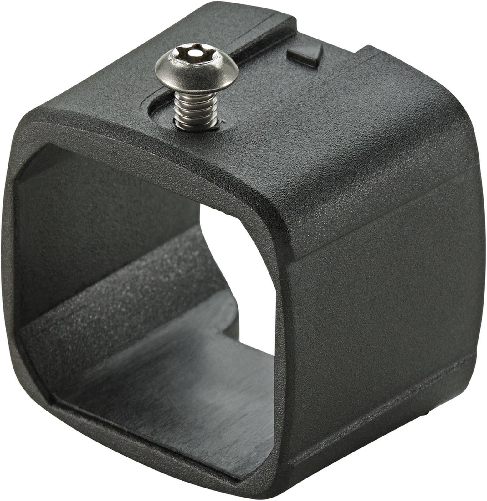 Black, square plastic component with a screw on top, potentially part of a technical device or mounting bracket.