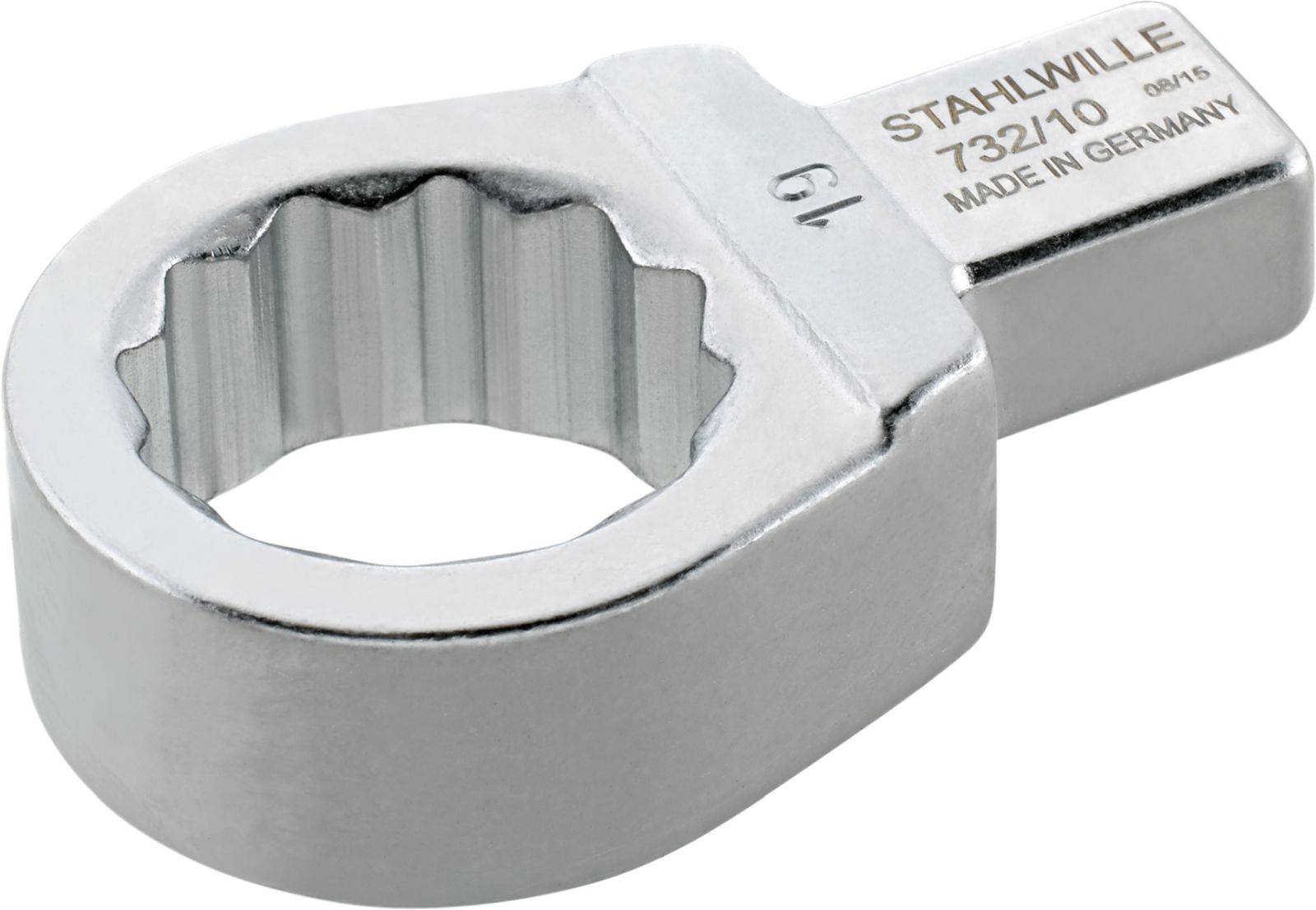 A chrome-plated tool, a ring spanner with the inscription 'STAHLWILLE 732/10' and 'MADE IN GERMANY', suitable for size 19.