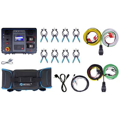 A test device set with cables, clamps, and a carry case. Main device with display and controls, surrounded by accessories and cables.