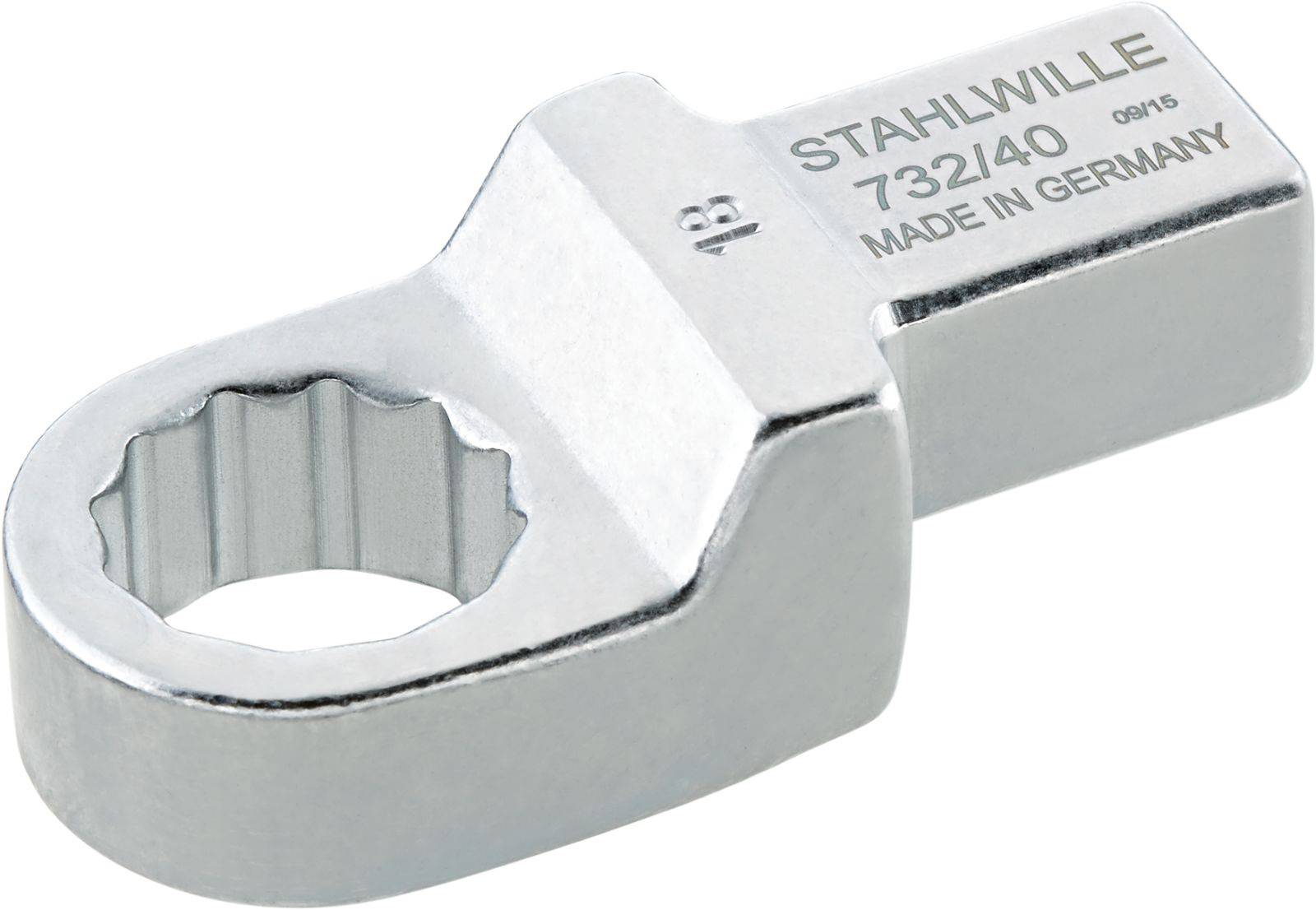 A silver socket extension by 'Stahlwille', model '732/40', manufactured in Germany, displays a ring spanner head.