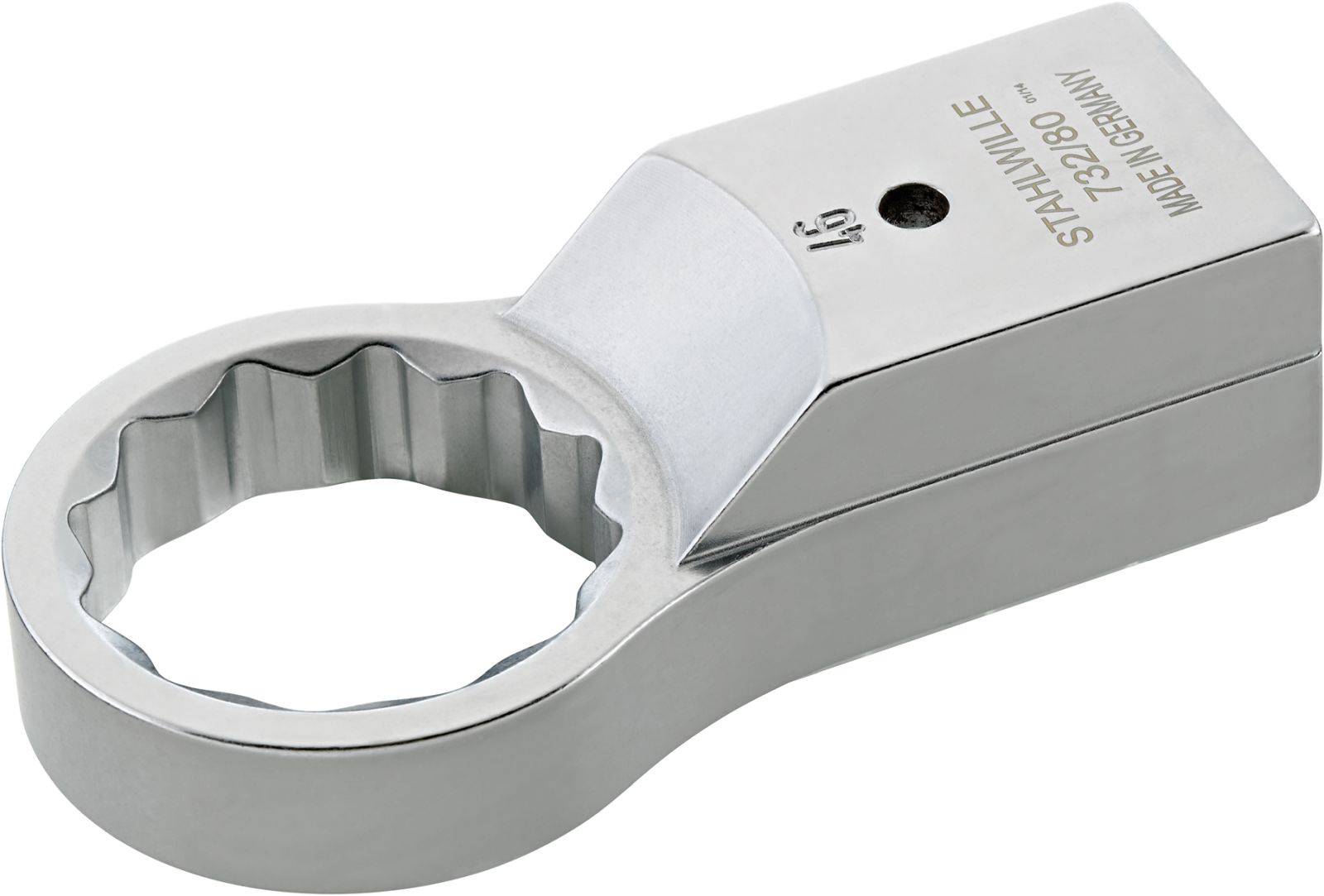 Ring spanner with square shank, suitable for firmly tightening or loosening screws and nuts, manufactured from steel.