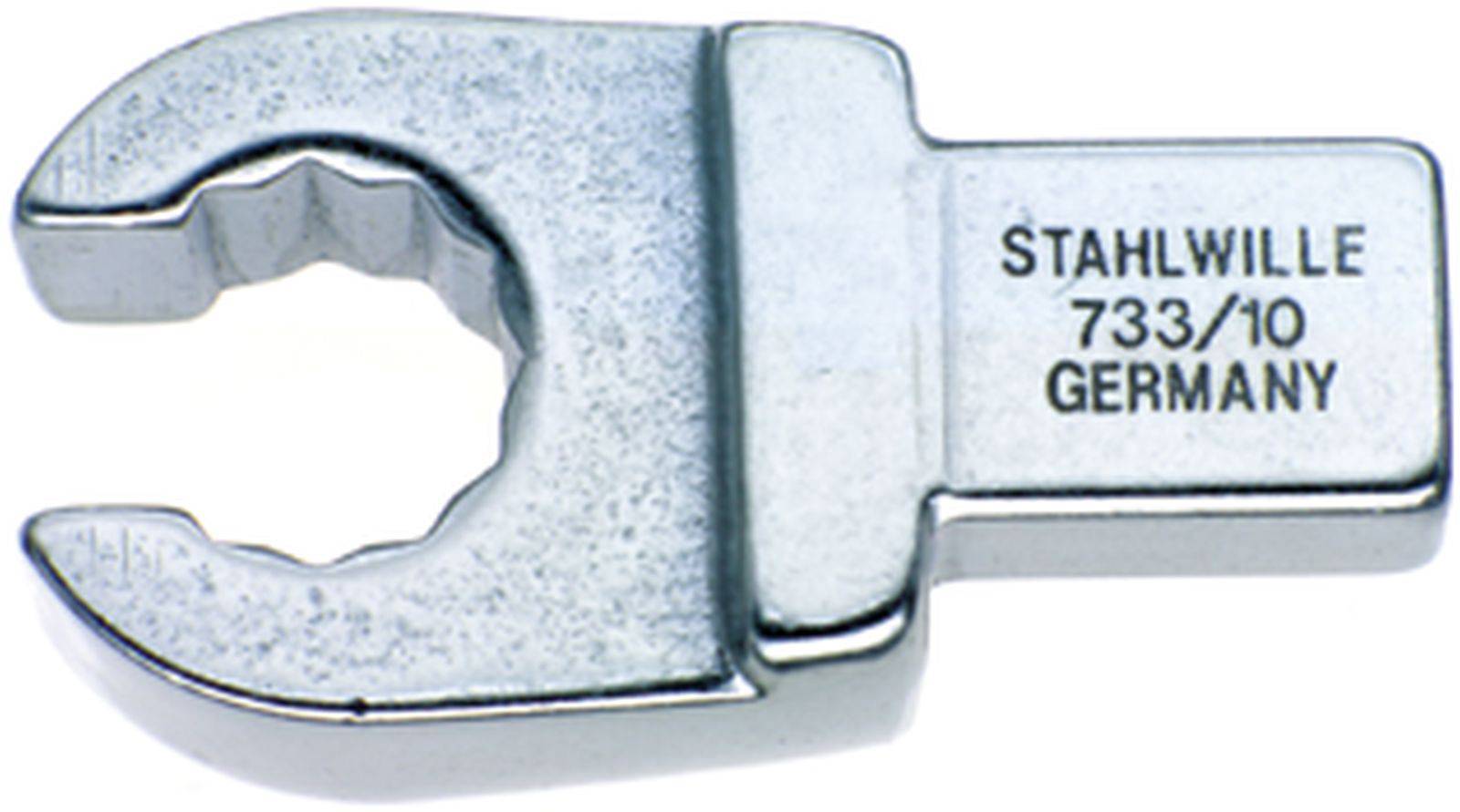 Metallic key wrench with the inscription 'STAHLWILLE 733/10 GERMANY', suitable for assemblies and mechanical work.