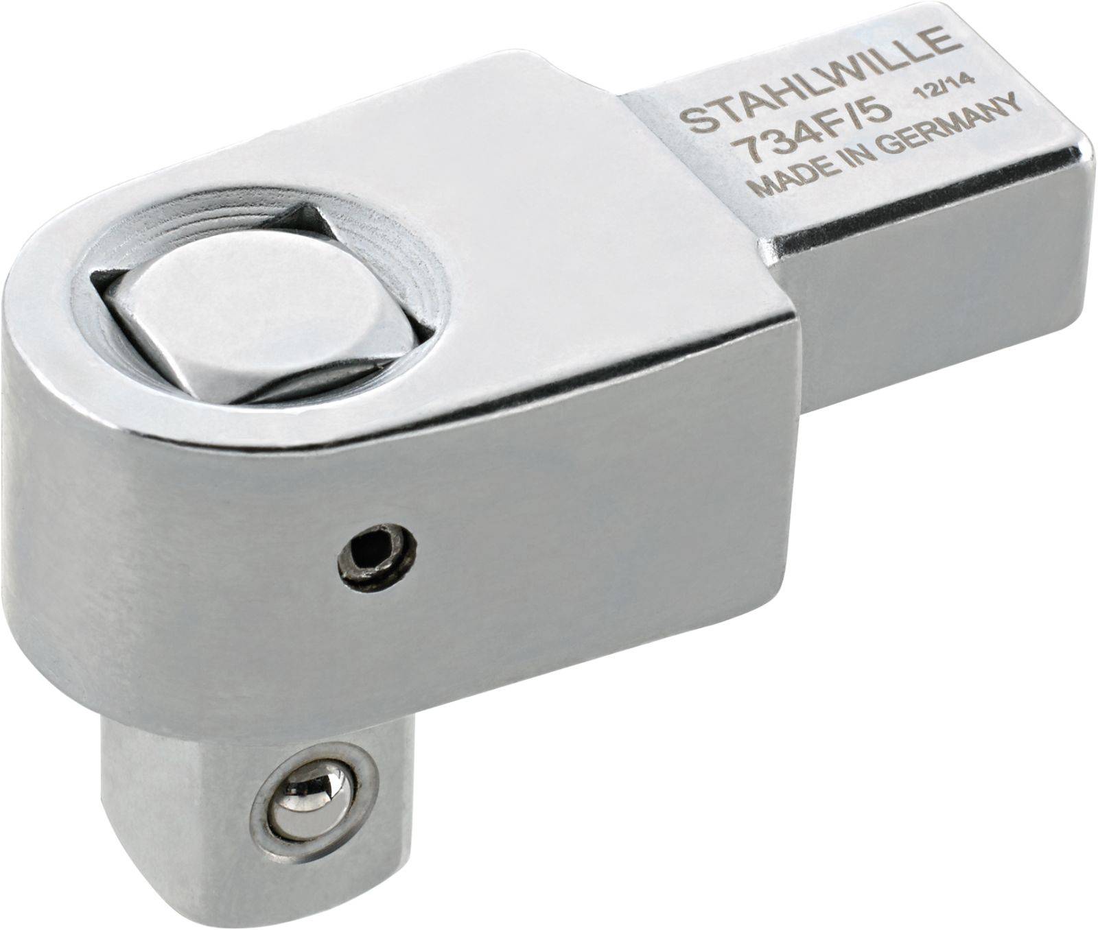 Stahlwille Adapter for Torque Wrench, Type 734F/5, Made in Germany, silver-coloured metal, showing top and side view.