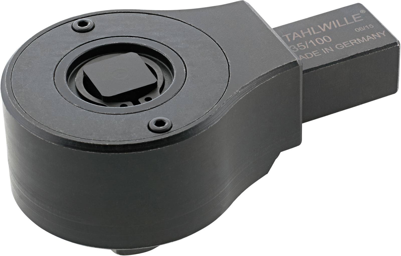 Metal ratchet torque wrench adapter with square drive connection, marked 'STAHLWILLE - MADE IN GERMANY'.