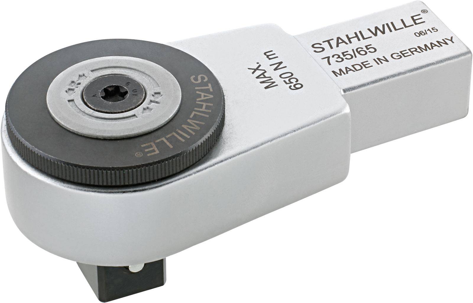 Torque wrench socket by 'STAHLWILLE', silver-coloured with a black ring and the inscription 'MADE IN GERMANY'.