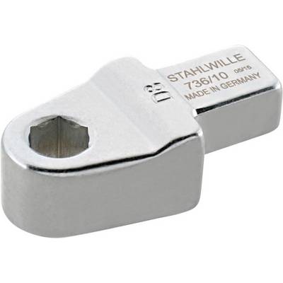 Metal key attachment with hexagonal internal part, inscription 'STAHLWILLE 736/10 MADE IN GERMANY', for screw-related work.
