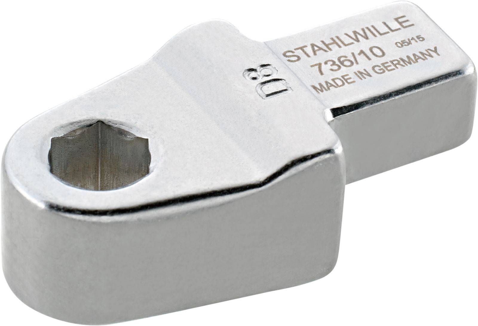 A silver socket insert for torque wrenches by 'Stahlwille', manufactured in Germany, model 736/10.