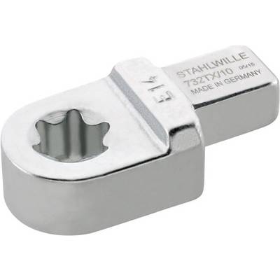 Metal tool attachment with six-pointed receiving opening, marked with 'STAHLWILLE E14 732TY/10 MADE IN GERMANY'.