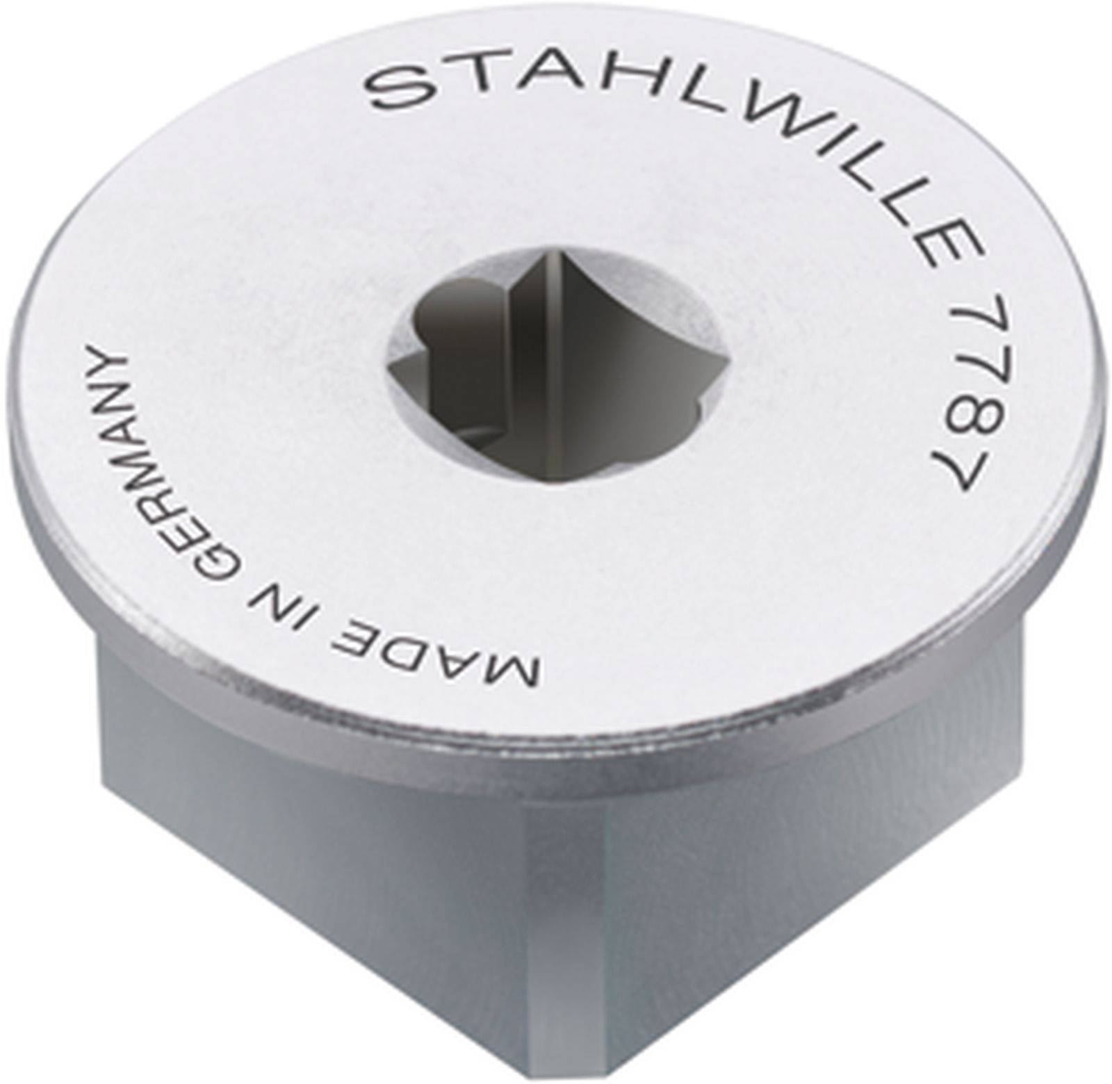 Metal threaded head with the engraving 'STAHLWILLE 7787' and 'MADE IN GERMANY', hexagonal base, suitable for mechanical applications.